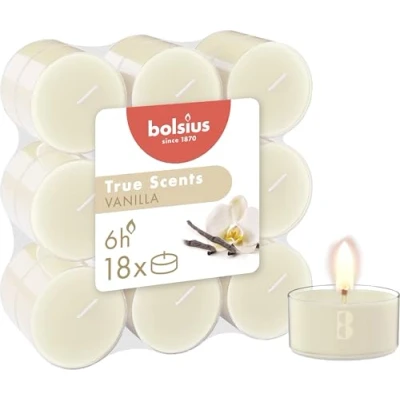 Bild av Bolsius True Scents 18 doftljus vanilj 6 timmars bränntid diameter 39 mm naturliga extrakt innehåller veganskt vax oljefritt palmoljefritt