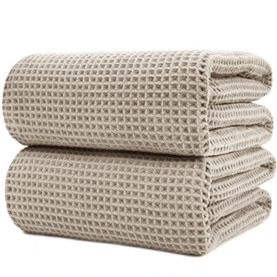 Bild av POLYTE Mikrofiber snabbtorkande luddfritt badlakan, 89 x 178 cm, set med 2 (beige, våffelväv)