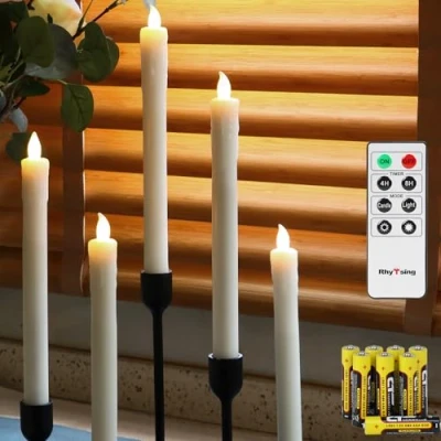Bild av Rhytsing Set med 5 batteridrivna, avsmalnande ljus fjärrkontroll, LED middagsljus, tryckknapp, finish droppande vax, varmt vitt ljus, batterier ingår, elfenbensvita