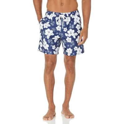 Bild av Amazon Essentials Men&#039;s Snabbtorkande badtröja 18 cm (7 tum), Marinblå Hibiskusblomma, S