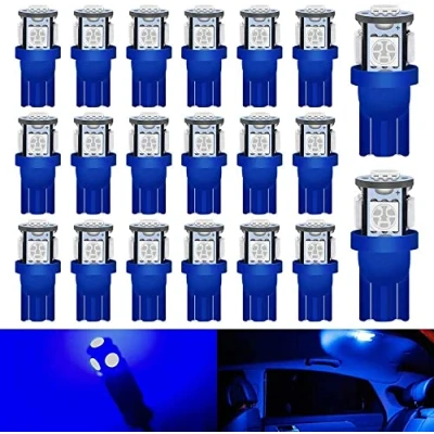 Bild av DEFVNSY Förpackning med 20 Blå 194 T10 168 2825 W5W Bilinteriörbyte LED lampa 5: e generationen 5050 Chipsets 5SMD Ljuskälla för 12V registreringsskyltsbelysning, kartljus, kupoljus