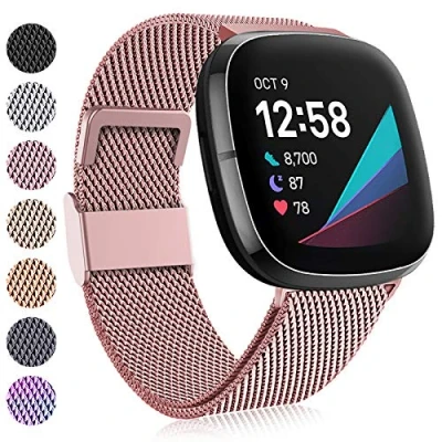 Bild av Faliogo Kompatibel med Fitbit Versa 3 rem/Fitbit Sense rem, justerbart rostfritt stål metall ersättningsrem armband magnetlås för 3/Sense, Litet, Roséguld