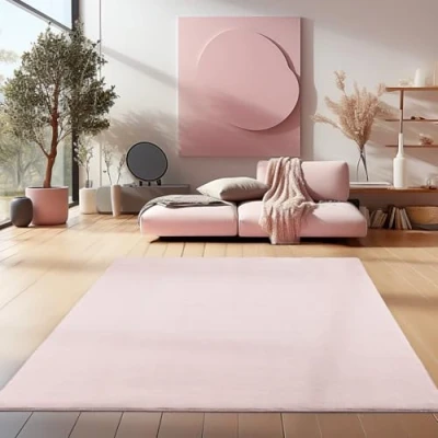 Bild av HomebyHome matta med kort lugg vardagsrum 240 x 340 cm rosa tvättbar för sovrum, matsal och perfekt som köksmatta fluffig extra mjuk, enfärgad, halkfri, modern