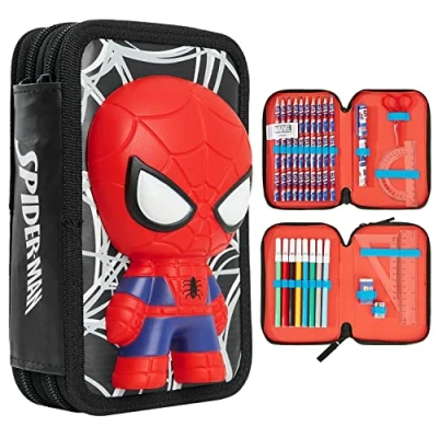 Bild av Marvel Pennafodral med brevpapper inkluderade skolmaterial fyllda stora pennfodral flera fack målarpennor pennpennor pojkar set gåvor till pojkar, En storlek, 3D Spiderman