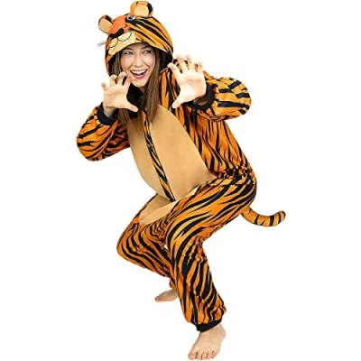 Bild av Funidelia Maskeraddräkt med Tiger onesie för dam och herr Djur, Öken, Djungel vuxen roliga tillbehör fester, karneval Halloween Storlek S M Orange