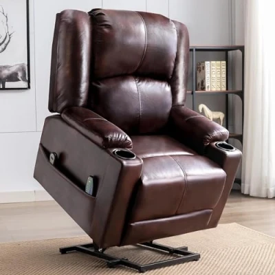 Bild av COMHOMA Elektrisk Fåtölj med Lyftfunktion för Äldre Massage Recliner i PU Läder Justerbart Ryggstöd och Fotstöd, Mugghållare, Sidofickor Ergonomisk Design, Brun