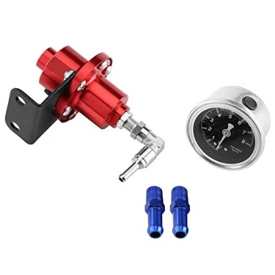 Bild av Terisass bränsletrycksregulator aluminiumlegering bil fordon justerbar FPR med mätare och monteringsadapter kit universell (röd) + retur bränsletryck re
