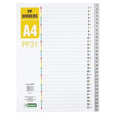 Bild av D.RECT register för A4, PP31, 31 skiljeblad, ringboksregister, flikar med nummertryck 131, grå, färgavskiljare av PP, polypropen