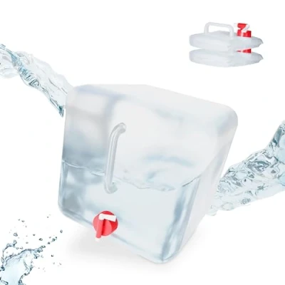 Bild av Relaxdays Vikbar vattendunk, set om 3, 20 l, behållare med kran, BPA fri, livsmedelssäker, transparent/röd
