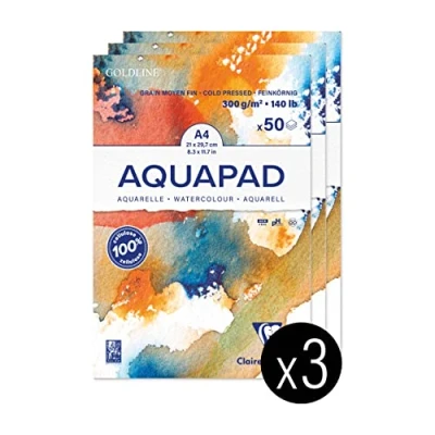 Bild av Clairefontaine 975721C Goldline Aquapad limmat block 50 ark vitt akvarellpapper A4 21 x 29,7 cm 300 g perfekt för våt teknik förpackning med 3