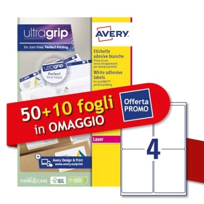Bild av Avery Italia L7169 60P självhäftande etiketter i vitpapper, 50 + 10 extra ark, rektangulära ark 99,1 x 139 mm, 4 per permanent lim, laserskrivare