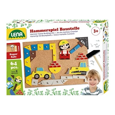 Bild av Lena 65828 hammarspel, nagelspel med 64 färgglada 8 byggarbetsplatsdelar, basplatta av kork ca 28 x 19,5 cm, hammare och spikar, pjäser för barn från 3 år, kycklingleksak, flerfärgad
