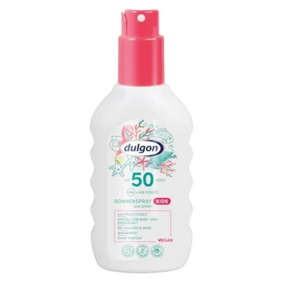 Bild av dulgon LSF 50 solspray barn 200 ml solskyddsmedel utan okttokrylen skydd mot UVA och UVB strålning vattentät, parfymfri, vegansk mikroplastisk fri
