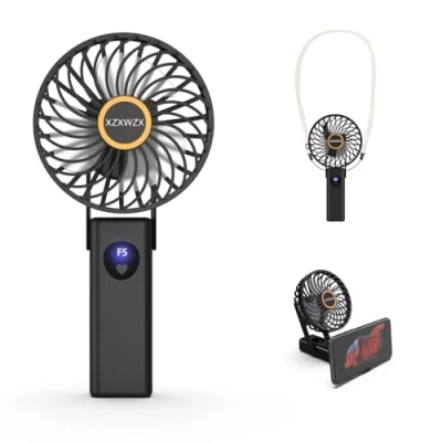 Bild av handfläkt bärbar, uppladdningsbar USB med 5 hastigheter, batteridriven minifläkt, vikbar bordsfläkt LED display, för resor, kontor, hem, utomhus