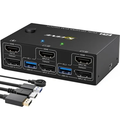 Bild av USB 3.0 KVM Switch Displayport + HDMI 2 Port, Dual Monitor 4K@60Hz, PC med 4 portar för datorer Dela mus, tangentbord och bildskärm
