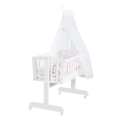 Bild av roba Babysäng 40 x 90 cm Liten Moln i Trä Vagga &amp; Sänguppsättning komplett med låsfunktion Molnmotiv Rosa Inklusive utrustning vit