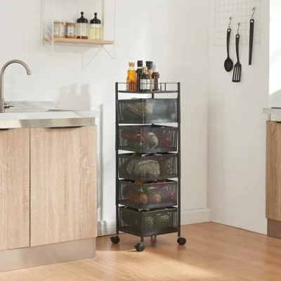 Bild av [en.casa] Sunndal rullvagn med 5 nivåer kökshylla i flera lager hjul serveringsvagn av stål, utfällbara korgar, hylla för kök, badrum 94,5 x 27 cm svart