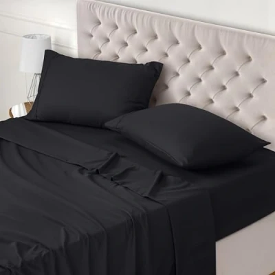 Bild av Utopia Bedding 4 Delat Sänglakanset 150x200 Enkel Skötsel Mjukt Borstat Mikrofibertyg Platt Lakan, Dra på lakan Med 2 Örngott 50x75, Svart