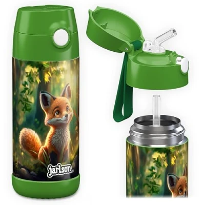 Bild av JARLSON® Vattenflaska för barn, rostfritt stål &quot;CHARLI&quot; med sugrör termosflaska 350 ml TÜV testad BPA fri läckagesäker skola, dagis räv,