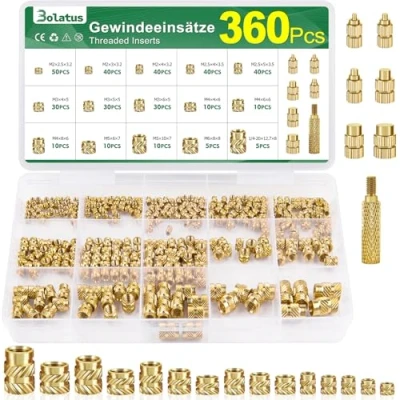 Bild av 360 st. gänginsats M2 M2.5 M3 M4 M5 M6, Bolatus smältmuttrar mässing med lödkolv smälthjälp, räfflad smältgänga för plastdelar, gänginsatser 3D skrivardelar
