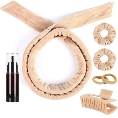 Bild av AliLeader Heatless Curlers pannband, 7 st värmelösa lockar, mjuk velour värmelös locktång, hårlocktång, ingen värme för kort och långt hår (kaki, st)