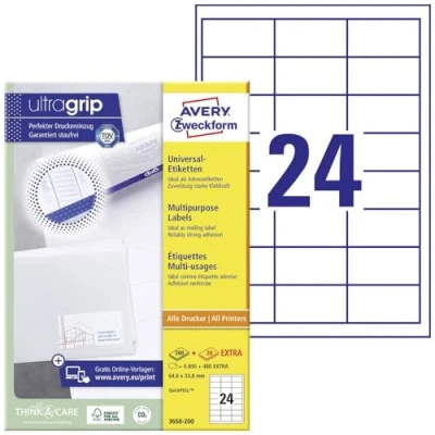 Bild av AVERY Zweckform 3658200 adressklistermärken (4 800 plus 480 självhäftande etiketter extra, 64,6 x 33,8 mm på A4, utskrivbara avsändaretiketter, adressetiketter med ultragrepp) 220 ark,