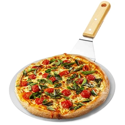 Bild av com four® pizzaskal av rostfritt stål pizza och kaktserver med trähandtag rund pizzastyckare för pizza, tarte flambée bröd (brun/silverfärgad rund)