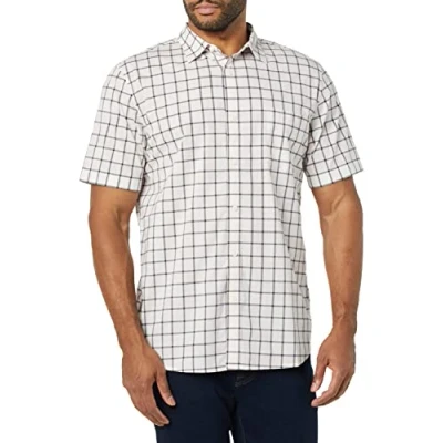 Bild av Amazon Essentials mäns Slim Fit kortärmad poplin skjorta, rosa vit buffel pläd, medium