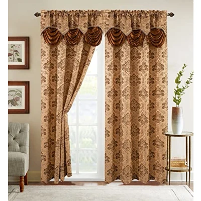 Bild av Elegant bekväm jacquard look gardinpanel set med bifogad vattenfallskrans, (set 2), 137 x 213 cm, guld/brun