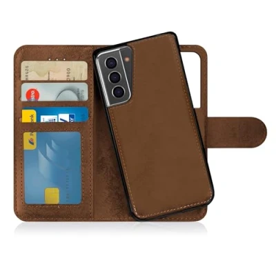 Bild av MyGadget Flip fodral till Samsung Galaxy S21 Plus [avtagbart magnetfodral] mobilfodral av konstläder [flipfodral med kortplats] skyddsfodral i brunt