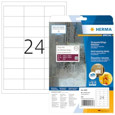 Bild av HERMA 4582 väderbeständiga folieetiketter A4 (66 x 33,8 mm, 10 ark, polyesterfolie, matt) självhäftande, utskrivbara, extremt stark häftande filmetiketter, 240 klistermärken, vit