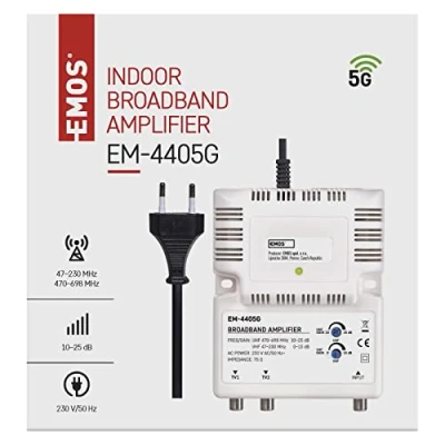 Bild av EMOS bredbandsförstärkare 25 dB (frekvensområde 47230 MHz, 470698 MHz) för DVB T2, kabel TV eller antenner, 1 ingång, 2 utgångar, 10,5 x 13,5 4 cm