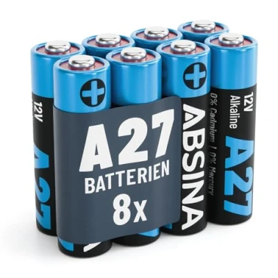 Bild av ABSINA 8 x 27 A 12 V batteri för garageportsöppnare och mycket mer alkaliskt mini läckagesäker med lång hållbarhet MN27 V, A27A batterier, LR27A, A27
