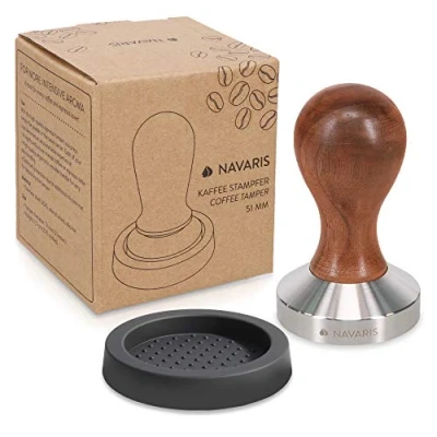 Bild av Navaris Espresso tamper för kaffe 51 mm stämplar av rostfritt stål med trähandtag inkl. silikonmatta kaffeamper espressomaskin