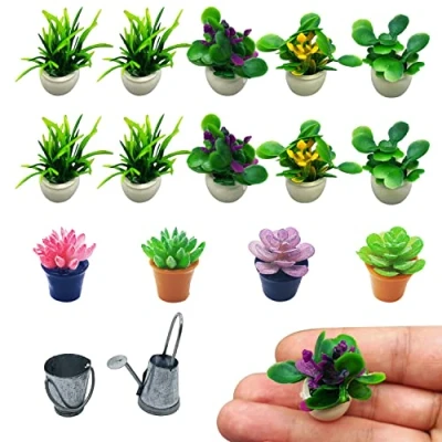 Bild av PFLYPF 14 delat miniblomkruks set, konstgjord falsk blomkruka, dekoration, 1:12 dockhus växtmodell, grön kruka trädgård inomhusdekoration, med 1 vattenkanna och en hink