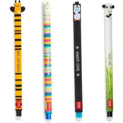 Bild av LEGAMI uppsättning av 4 gelsuddgummipennor, pennor med raderbart bläck, bin, lama, panda och pingvin, raderbar utan att konsumera blad, 0,7 mm spets
