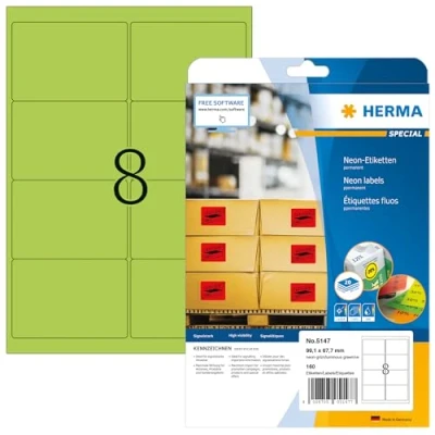 Bild av HERMA 5147 neonetiketter A4 (99,1 x 67,7 mm, 20 ark, papper, matt) självhäftande, utskrivbara, permanenta färgade etiketter, 160 klistermärken, neon grön