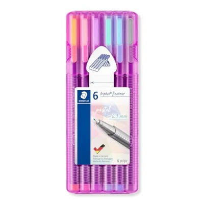 Bild av STAEDTLER Fineliner triplus, ergonomische Dreikantform, superfeine Linienbreite ca. 0.3 mm, hohe Qualität, Set mit 6 Pastell Farben in der aufstellbaren Box, 334 SB6 PA