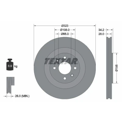 Bild av TEXTAR PRO 92267103 Disque de frein 323 28 04/06 108 ventilé l&#039;intérieur revêtu sans boulon fix roue, moyeu roue