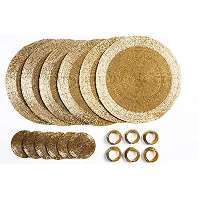 Bild av Penguin Home® Set med 18 glaspärlor bordstabletter, underlägg och servettringar guldfärgade runda bordstabletter handgjorda av erfarna indiska hantverkare 32 cm, 3551