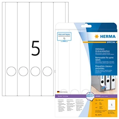 Bild av HERMA 10175 mappetiketter A4 avtagbart, smal/lång (38 x 297 mm, 25 ark, papper, matt) självhäftande, utskrivbara, avtagbara och återhäftande mappa ryggetiketter, 125 filetiketter, vit