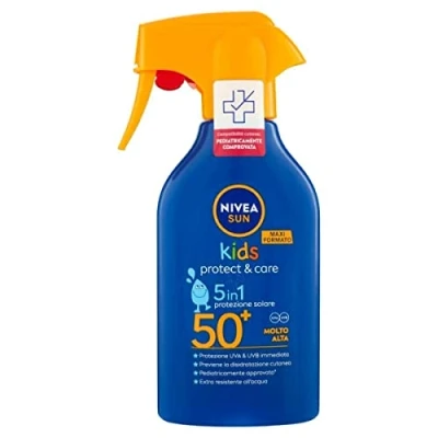 Bild av NIVEA SUN Kids Maxi Spray Solar Protect &amp; Care SPF 50+ i 270 ml flaska, solskyddsmedel för barn, vattentålig, solskydd känslig hud