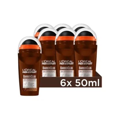 Bild av L&#039;Oréal män Expert 48H deoroller för män, deodorant roll on mot stark svettlukt, svettning och armvätta, med träig doft eterisk cederträolja, barberarklubb, 6 x 50 ml
