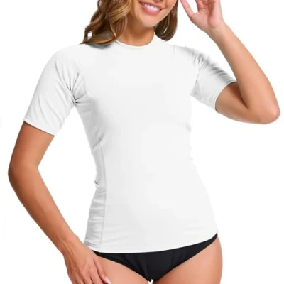 Bild av MEETWEE Dam anti UV Rashguard UPF 50+ T shirt snabbtorkande simning surfing tröjor, Vitt och blått, S
