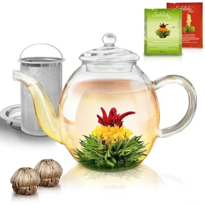 Bild av Creano Tekanna i glas 1 000 ml (34 oz) med avtagbar tesil rostfritt stål inkluderar 2 blommande te presentset tekokare och tebryggare