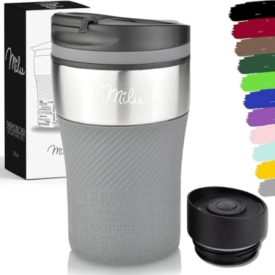 Bild av Milu Termosmugg, isolerad mugg, kaffemugg för på språng, 210 ml, 100 %, läckagesäker, drickmugg i rostfritt stål, bilmugg med dubbla väggar, resemugg (grå)