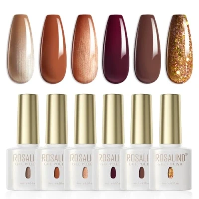 Bild av ROSALIND UV nagellack, 6 färger brunt chokladglitter höstgel nagellack pumpa set kanel Shellac Bubble Off LED nagelkonst nageldesign Alla hjärtans dag