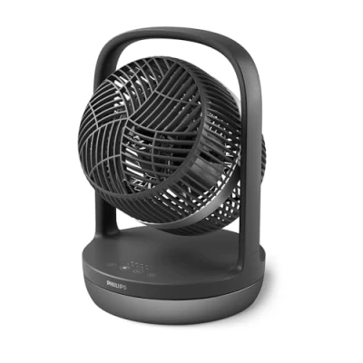 Bild av Philips Oscillerande bordsfläkt Series 3000. Kraftfull och ultratyst med SilentWings teknik. 23 dB. Luftcirkulering. Justerbar lutning 180. Timer. För sovrum, hem, kontor. Svart (CX3050/01)