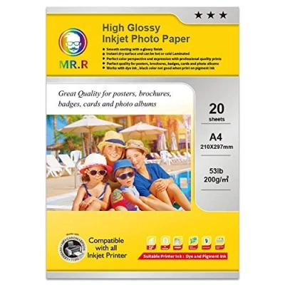 Bild av MR.R Enkelsidig högblankt bläckstrålefotopapper 200 gsm, A4 210 x 297 mm, paket med 20 ark för Epson Canon Brother HP bläckstråleskrivare