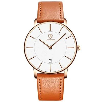 Bild av Herrklockor för kvinnor ultratunn enkel vardaglig mode analog kvarts datumvisning vattentät armbandsur män kvinnor, 10 orangewhite p, armband
